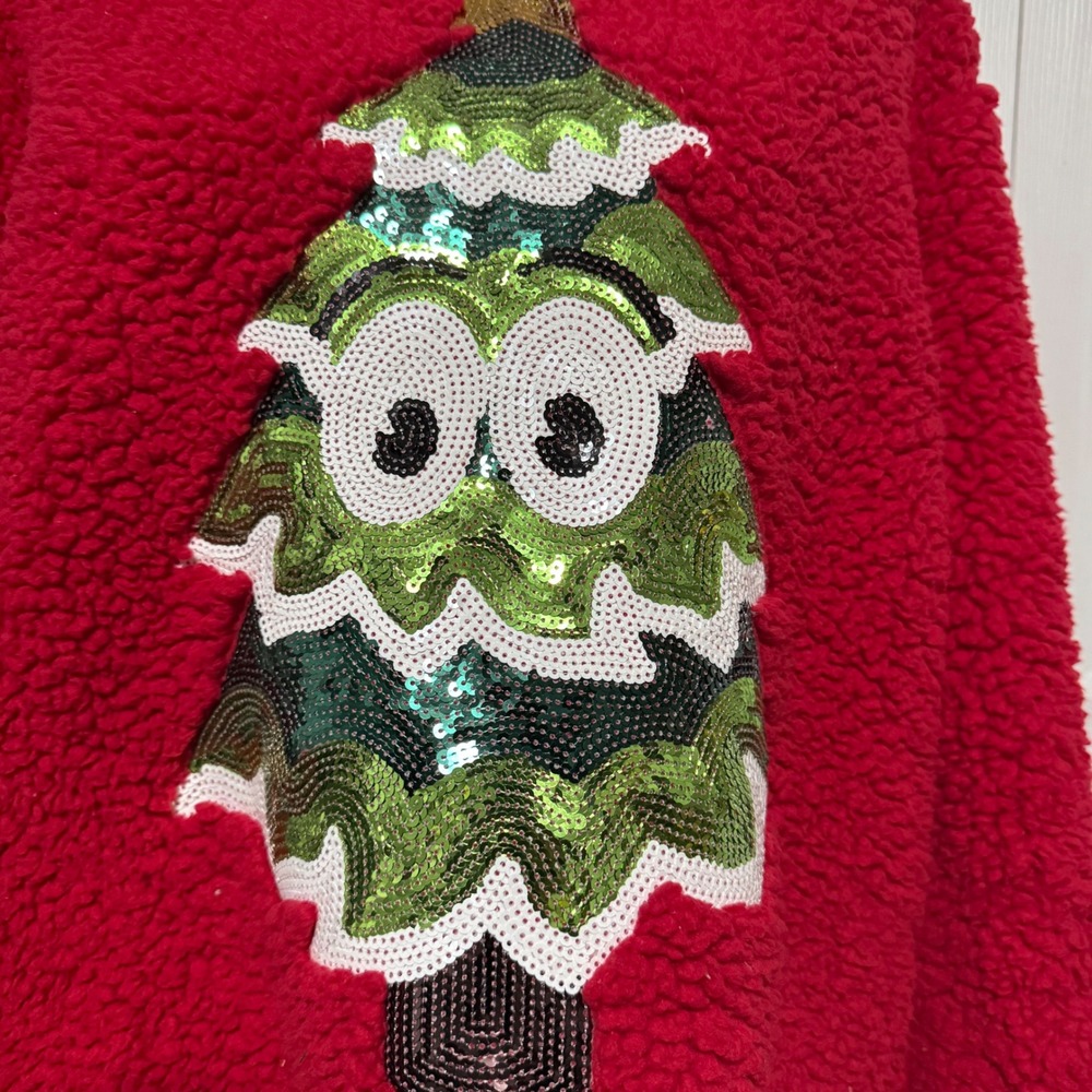 Chance or Fate Red Sherpa Christmas Tree Sequin Pullover Sweater XL Holiday